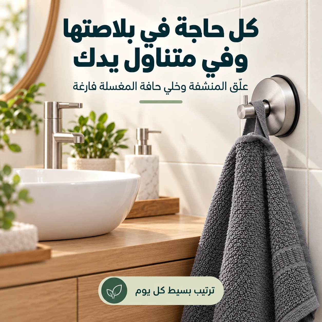 منشفة معلّقة على العلاقة بجانب المغسلة