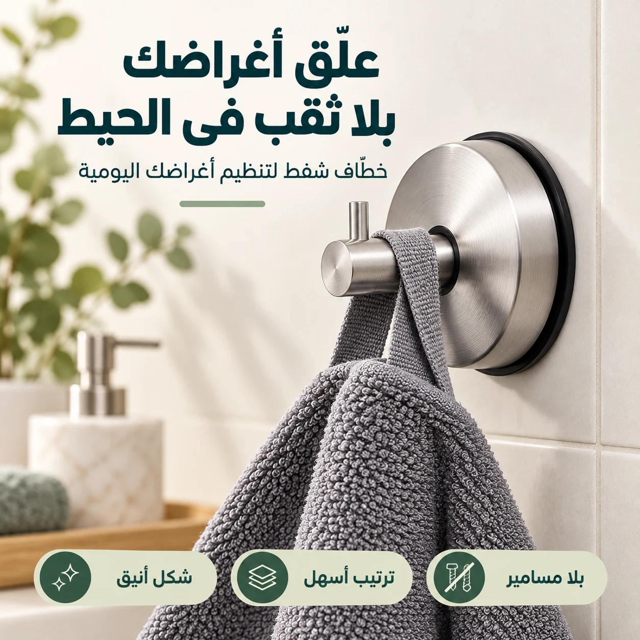 علاقة معدنية بالشفط معلّقة فيها منشفة بلا ثقب في الحيط