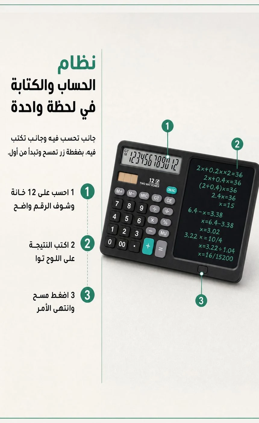 صورة المنتج: آلة حاسبة مع لوح كتابة 2 في 1 – احسب واكتب بلا ورق
